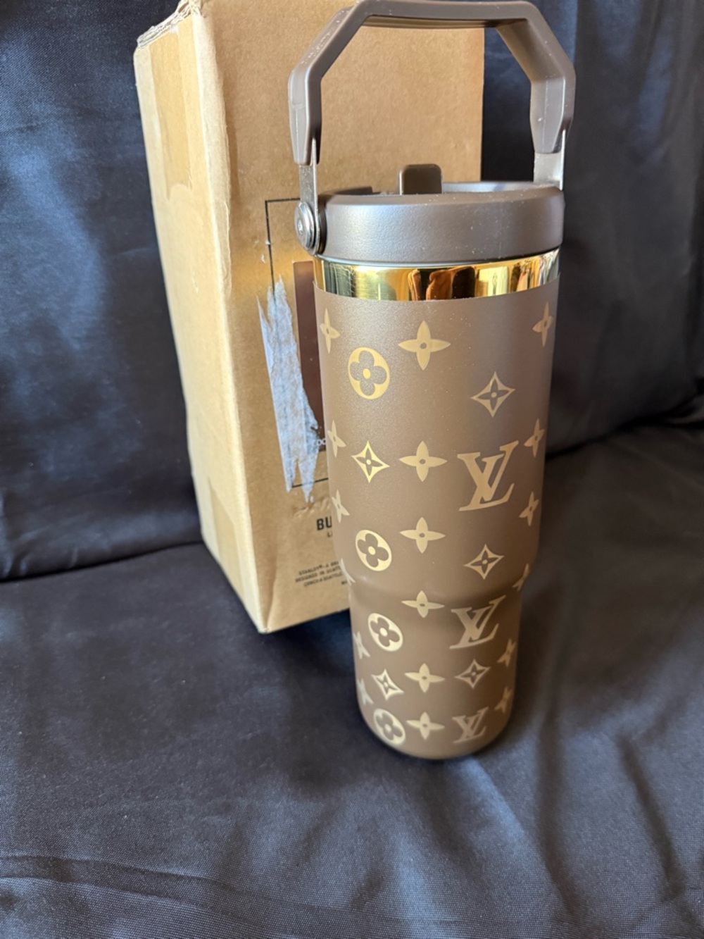 New Stanley 30oz Laser LEngravedV Tumbler - Brown/Gold Handle Flip Lid - Picture 3 of 6